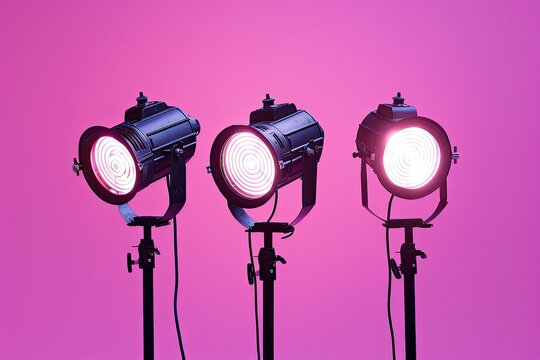 High Resolution of a Set of Three Spotlights in Front of a Pink Background