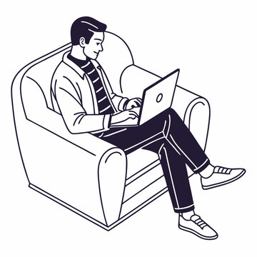 Man working on laptop comfortable armchair home office