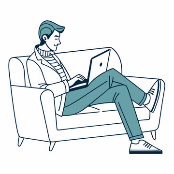 Man relaxing on sofa working laptop computer