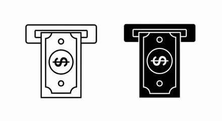 Aufkleber - This high-quality vector graphic features two minimalist ATM icons (outline and solid black), both dispensing cash with dollar signs, emphasizing banking and fine details.