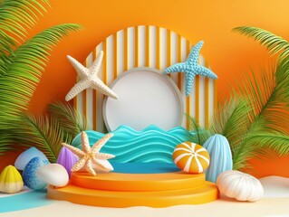 Poster - clear pixel image of 3D render of empty podium stand for product presentation with sunny summer concept. Minimal poolside scene with inflatable pool toys and clear blue water background high detail 8k