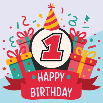 Vibrant and festive 1st birthday illustration with bold number '1' in red and black, party hat, colorful gift boxes, confetti, and 
