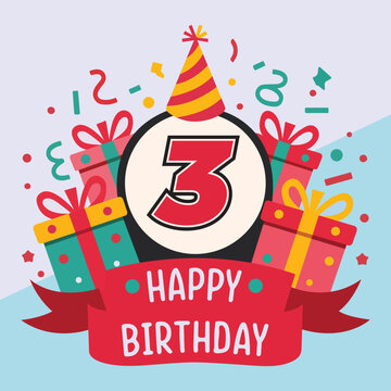 Vibrant and festive 3rd birthday illustration with bold number '3' in red and black, party hat, colorful gift boxes, confetti, and 