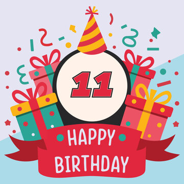 Vibrant and festive 11th birthday illustration with bold number '11' in red and black, party hat, colorful gift boxes, confetti, and 