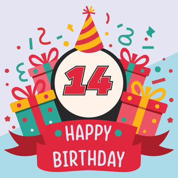 Vibrant and festive 14th birthday illustration with bold number '14' in red and black, party hat, colorful gift boxes, confetti, and 