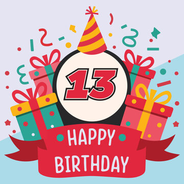 Vibrant and festive 13th birthday illustration with bold number '13' in red and black, party hat, colorful gift boxes, confetti, and 