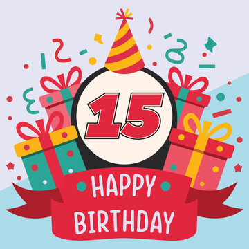 Vibrant and festive 15th birthday illustration with bold number '15' in red and black, party hat, colorful gift boxes, confetti, and 
