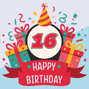 Vibrant and festive 16th birthday illustration with bold number '16' in red and black, party hat, colorful gift boxes, confetti, and 