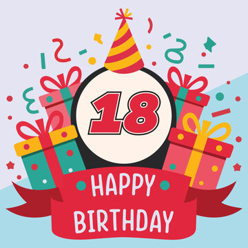 Vibrant and festive 18th birthday illustration with bold number '18' in red and black, party hat, colorful gift boxes, confetti, and 