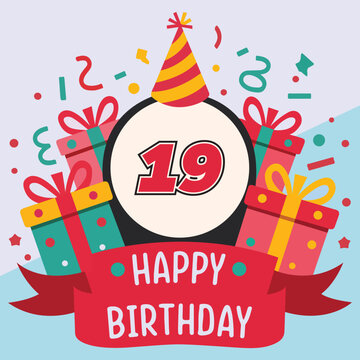 Vibrant and festive 19th birthday illustration with bold number '19' in red and black, party hat, colorful gift boxes, confetti, and 