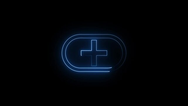 Abstract neon glowing neon emergency symbol of plus icon isolated on on black background. Specif futuristic plus icon animation. on white background.