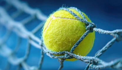 Close-up of a bright yellow tennis ball caught in a net against a deep blue background
