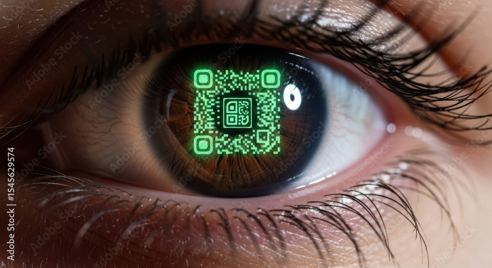 Human eye with glowing green qr code on iris, representing digital ...