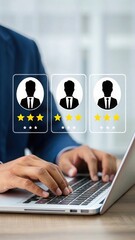 Poster - Digital Recruitment Illustration Business Professional Evaluating Profiles on Laptop. Business Professional Using Laptop for Digital Evaluation. Close-Up of Hands Typing with Transparent Profile