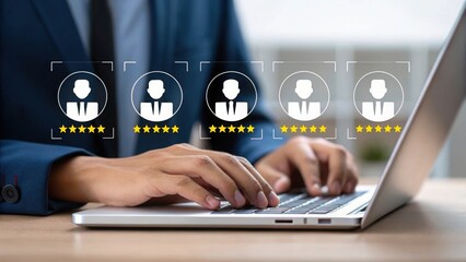 Poster - Digital Recruitment Illustration: Business Professional Evaluating Profiles on Laptop. Business Professional Using Laptop for Digital Evaluation. Close-Up of Hands Typing with Transparent Profile