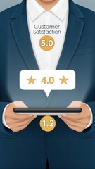 Poster - Customer Satisfaction Ratings Business Professional Using Tablet for Feedback. Close-Up of Hand Holding Stylus with Digital Ratings. Modern Digital Illustration of Customer Feedback System.