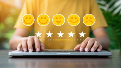 Poster - User Feedback System Hand Selecting Smiley Face Rating on Laptop. Digital Illustration of Customer Feedback with Emoji Ratings. Warm and Inviting Digital Interaction with Star Ratings.