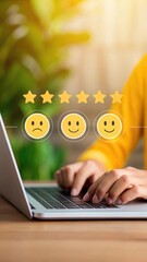 Poster - User Feedback System Hand Selecting Smiley Face Rating on Laptop. Digital Illustration of Customer Feedback with Emoji Ratings. Warm and Inviting Digital Interaction with Star Ratings.