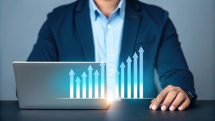 Poster - Business Growth Visualization Professional with Holographic Bar Graphs. Digital Illustration of Success and Innovation in Corporate Setting. Futuristic Business Professional with Progress Metrics.
