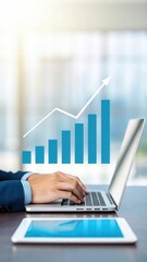 Poster - Business Success Visualization Professional Typing with Growth Arrow Overlay. Digital Composite of Corporate Achievement and Progress. Modern Office Setting with Upward-Trending Metrics.