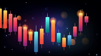 Poster - Vibrant and Colorful Candlestick Chart Illustration with Glowing Bars on Dark Gradient Background, Representing Stock Market Trends, Financial Data, Trading Analysis, and Investment Insights
