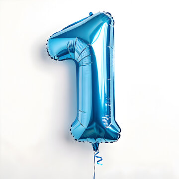 A balloon shaped like the number 1, chrome blue metallic finish with realistic reflections and smooth texture.