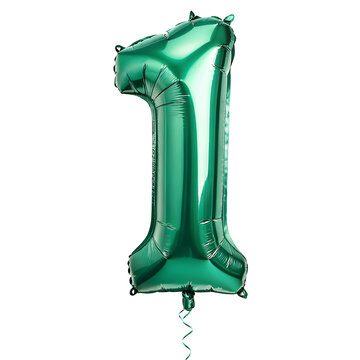 A balloon shaped like the number 1,emerald green metallic finish with realistic reflections and smooth texture.