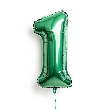 A balloon shaped like the number 1,emerald green metallic finish with realistic reflections and smooth texture.