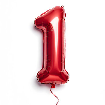 A balloon shaped like the number 1,glossy red metallic finish with realistic reflections and smooth texture.
