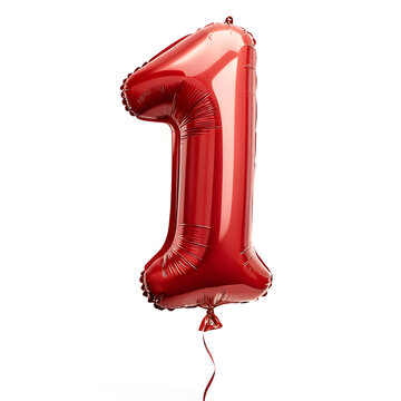 A balloon shaped like the number 1,glossy red metallic finish with realistic reflections and smooth texture.