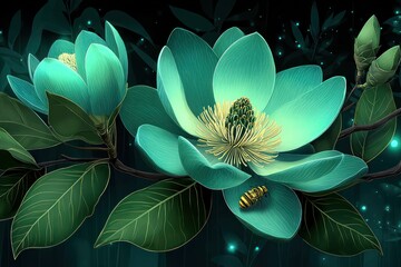 Wall Mural - Teal magnolia blossoms in a dark forest at night