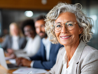 Poster - Professional Woman Smiling Confidently During a Meeting in a Modern Office Setting With Colleagues