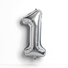 Aufkleber - A balloon shaped like the number 1 ,silver metallic finish with realistic reflections and smooth texture.