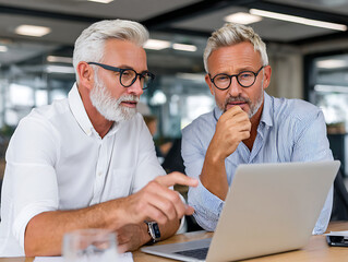 Poster - Two Men Discussing Work at a Modern Office Desk With a Laptop in the Afternoon