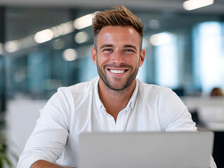Poster - Smiling Man Working at a Laptop in a Modern Office During the Daytime