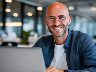 Poster - Smiling Man Works on Laptop in Modern Office During Bright Daytime