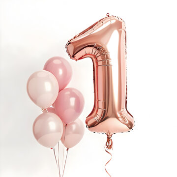 A balloon shaped like the number 1,rose gold metallic finish with realistic reflections and smooth texture.