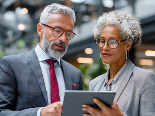 Poster - Business Professionals Engaged in Discussion While Reviewing Data on a Tablet at a Modern Office Setting