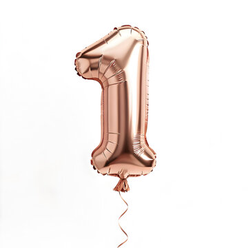 A balloon shaped like the number 1,rose gold metallic finish with realistic reflections and smooth texture.