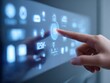 © 江宇 王 - Hand touching smart home control panel interface, close-up of temperature and energy efficiency data display, modern technology innovation with blue light