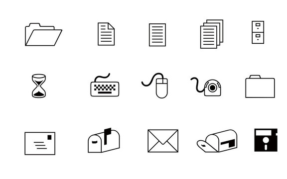 Collection of computer and office icons isolated on white background