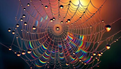 Macro dew covered spiderweb with rainbow refraction early mornin