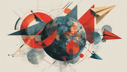Poster - Abstract global communication concept with paper airplanes and geometric shapes