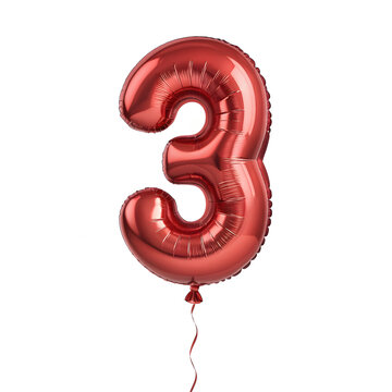 A balloon shaped like the number 3,glossy red metallic finish with realistic reflections and smooth texture.