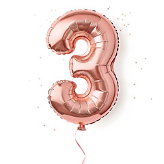 Aufkleber - A balloon shaped like the number 3,rose gold metallic finish with realistic reflections and smooth texture.