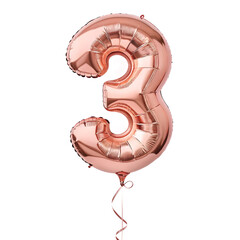 Aufkleber - A balloon shaped like the number 3,rose gold metallic finish with realistic reflections and smooth texture.