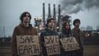 © nahwul - Environmental activism, youth standing united for climate action near industrial complex