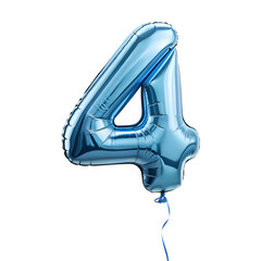 Aufkleber - A balloon shaped like the number 4, chrome blue metallic finish with realistic reflections and smooth texture.