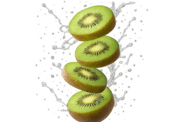 Poster - Four slices of fresh kiwi are splashing with water on a transparent background, perfect for healthy food and beverage advertising