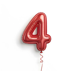 Aufkleber - A balloon shaped like the number 4,glossy red metallic finish with realistic reflections and smooth texture.